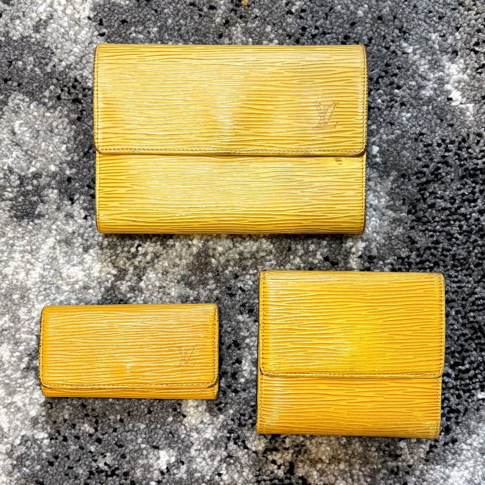 90s Vintage LV Yellow Epi + Purple Taiga Leather SLG 3-way Bundle